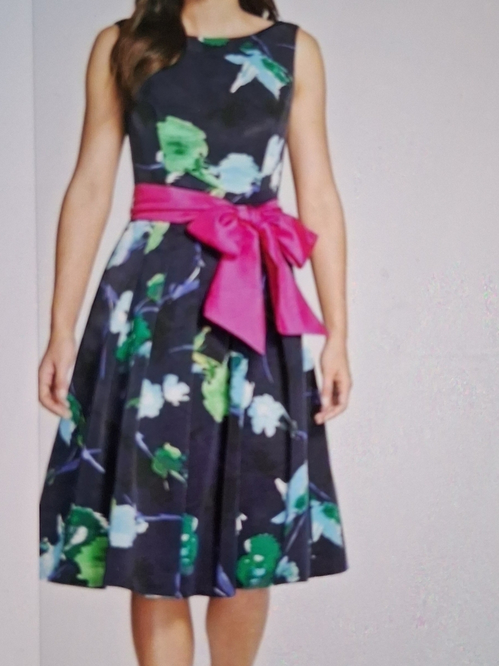 Eliza J Navy Floral Midi Dress with Fuchsia Sash